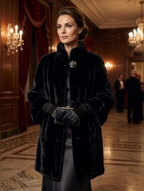 Fen Nelli Luxurious Black Faux Fur Mid-length Formal Gala Coat Size 11/12